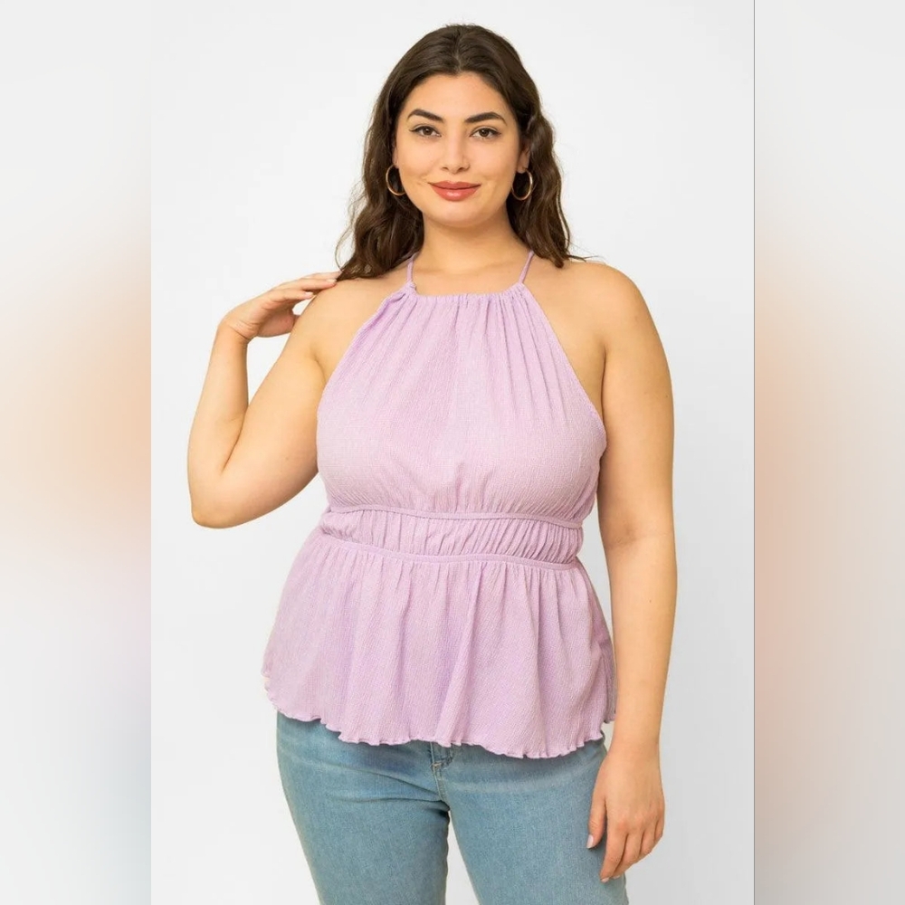Gilli Lavender Halter Peplum Sleeveless Top 1X | Made in USA